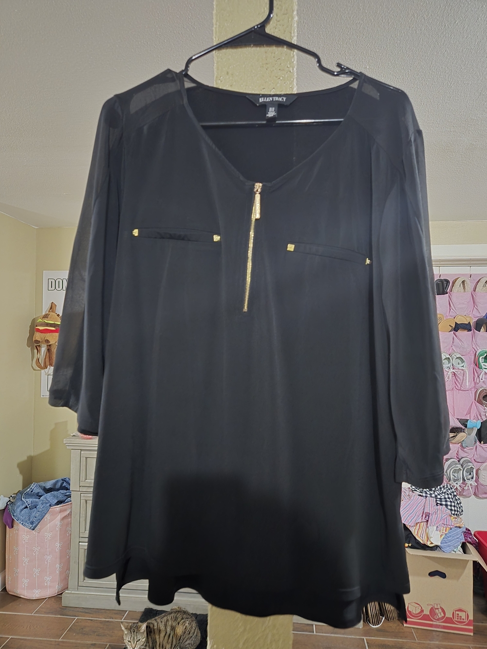 Ellen Tracy Black V-Neck Dress with Gold Zip Detail